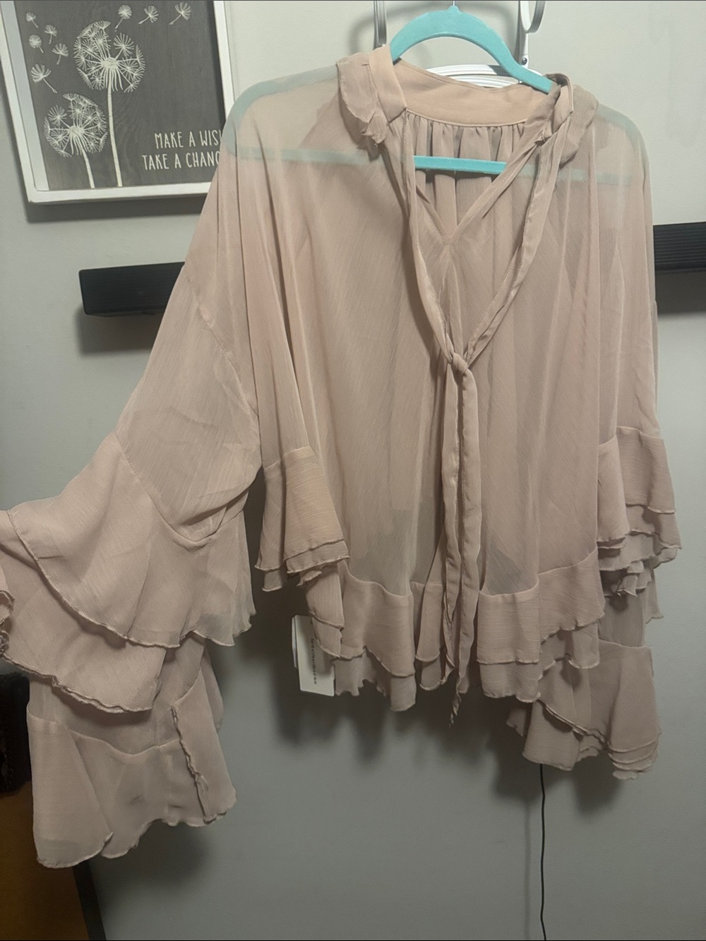 Commense Blush Sheer Ruffle Tie-Neck Blouse